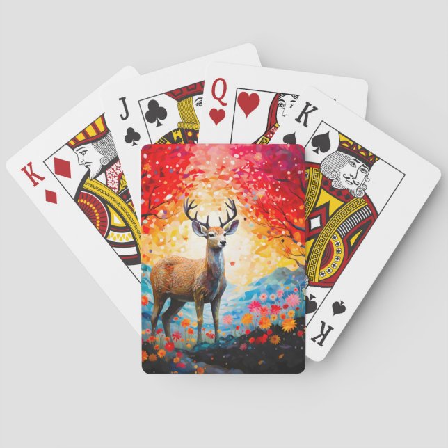 Golden Sunset Floral Fall Forest Deer Playing Cards (Back)