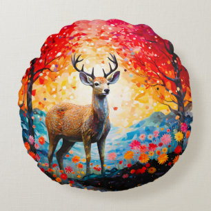 Golden Sunset Floral Fall Forest Deer Round Cushion
