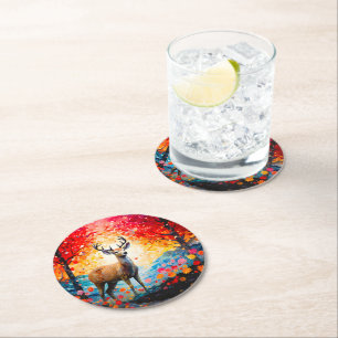 Golden Sunset Floral Fall Forest Deer Round Paper Coaster