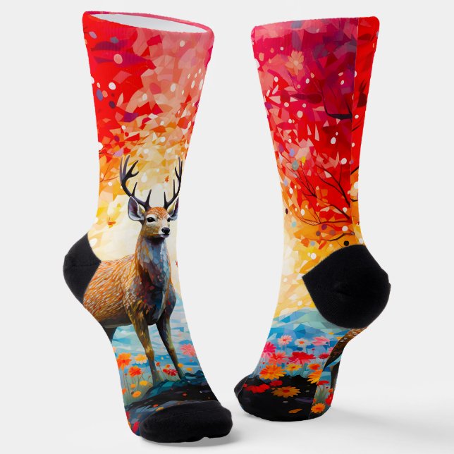 Golden Sunset Floral Fall Forest Deer Socks (Angled)