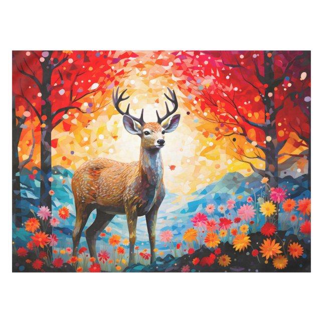 Golden Sunset Floral Fall Forest Deer Tablecloth (Front (Horizontal))