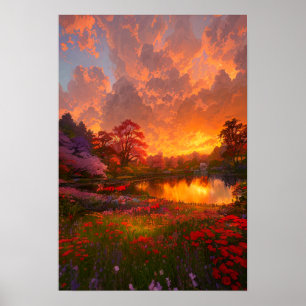 Golden Sunset Lake Poster