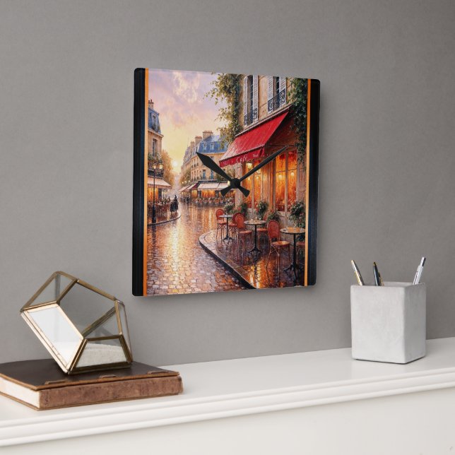 Golden Sunset Light On A Rainy Town Café Square Wall Clock (Office)