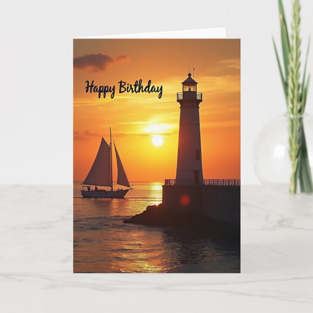 Golden Sunset Lighthouse Birthday Card (Front)