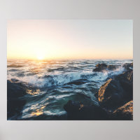 Golden Sunset Ocean Waves on Rocks Serene Seascape