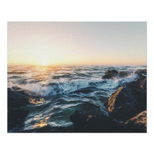 Golden Sunset Ocean Waves on Rocks Serene Seascape Poster