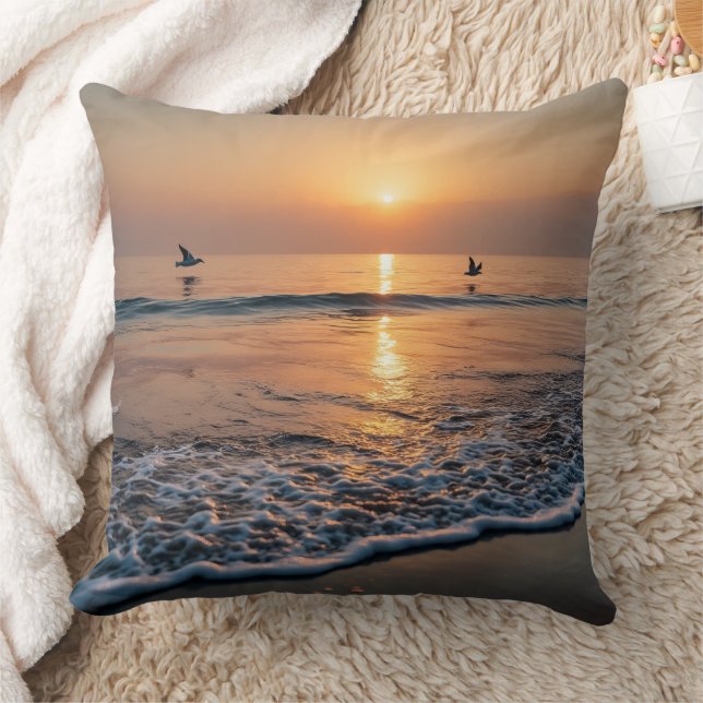 Golden Sunset Ocean Waves with Birds Cushion (Blanket)