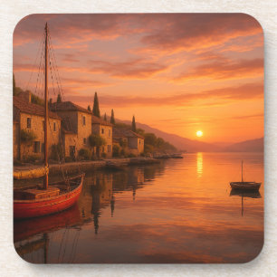 Golden Sunset Over Coastal Village Coaster