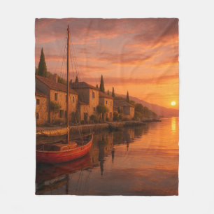 Golden Sunset Over Coastal Village Fleece Blanket