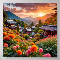 Golden Sunset Over Japanese Floral Garden