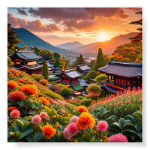 Golden Sunset Over Japanese Floral Garden