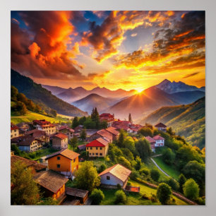 Golden Sunset Over Mountain Village   Radiant Land Poster