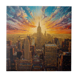 Golden Sunset Over New York City Skyline Ceramic Tile