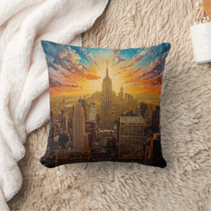 Golden Sunset Over New York City Skyline Cushion