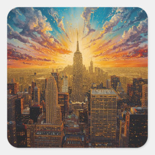Golden Sunset Over New York City Skyline Square Sticker