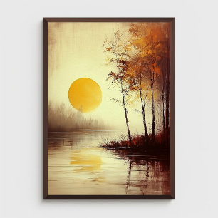 Golden Sunset Over Tranquil Lake with Autumn Trees Poster