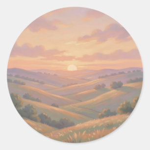 Golden Sunset Rolling Hills Pastel Landscape Classic Round Sticker