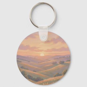 Golden Sunset Rolling Hills Pastel Landscape Key Ring