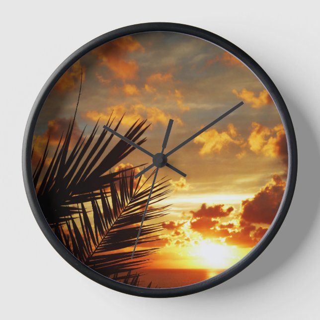 Golden Sunset Sea and Palmtree Postcard Clock (Front)