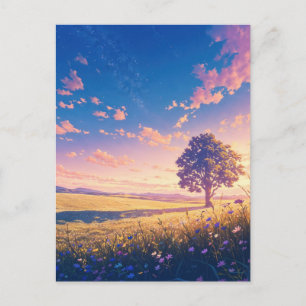 Golden Sunset Tree and Starry Sky Postcard