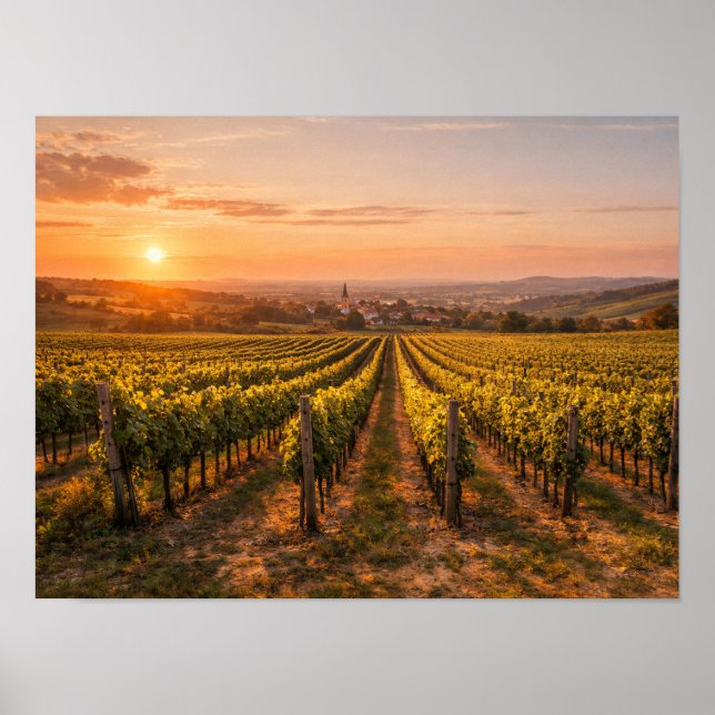 Golden Sunset Vineyard Poster - Tuscan Landscape (Front)