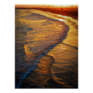 Golden Sunset Waves on the Beach Coastal Photo Poster