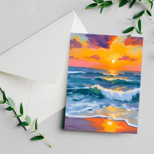 Golden Sunset Waves Watercolor Painting Card