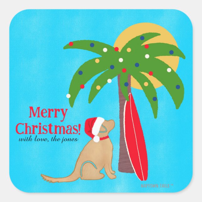 Golden Surf Dog Palm Tree Sunshine Christmas Square Sticker (Front)