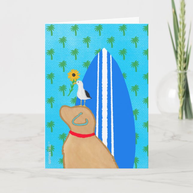 Golden Surfboard Dog Seagull Card (Front)