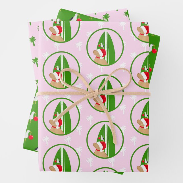 Golden Surfboard Dog Seagull Pink Gift Wrap Set 3 (In situ)