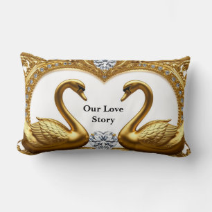 Golden Swan Pair Facing Each Other Diamond Heart Lumbar Cushion