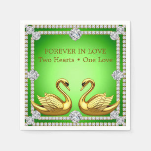 Golden Swan Pair Sparkling Diamond Frame Green Napkin