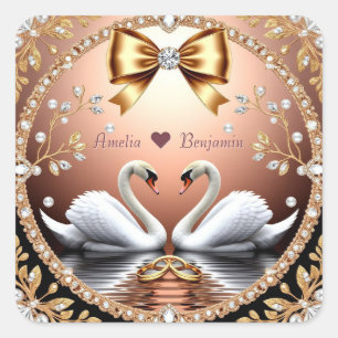 Golden Swan Rings Rose Gold Wedding Theme Square Sticker