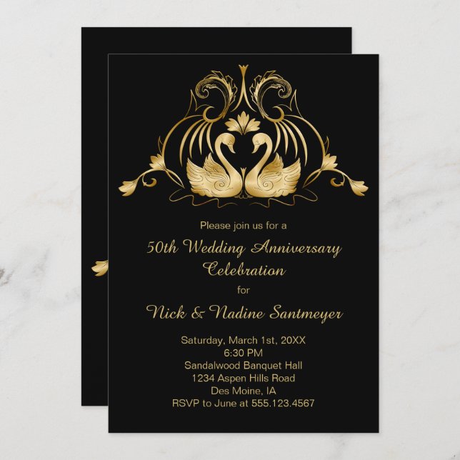 Golden Swans 50th Wedding Anniversary Celebration Invitation (Front/Back)