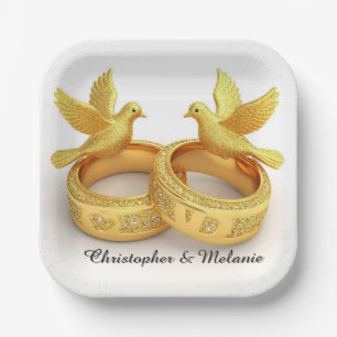 Golden Swans Embracing in Elegant Artistic Display Paper Plate