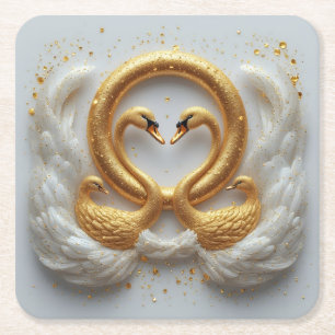 Golden Swans Embracing in Elegant Artistic Display Square Paper Coaster