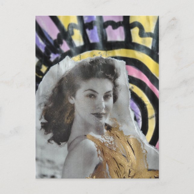 Golden Swimsuit Woman in 1939 beach collage art Postcard (Front)