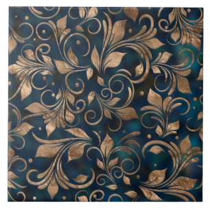 Golden Swirl Branches Ocean Deep Ceramic Tile