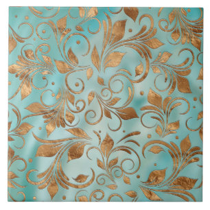 Golden Swirl Branches on light Teal Ceramic Tile