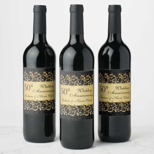 Golden swirls 50th Wedding Anniversary Wine Label | Zazzle.com.au