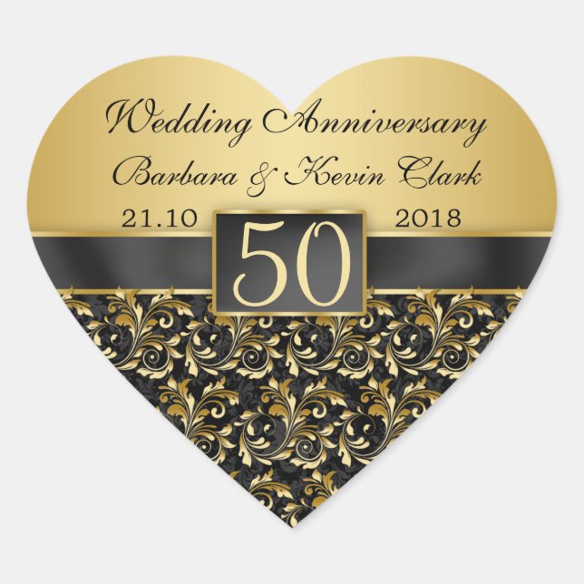 Golden swirls, damask 50th Wedding Anniversary Heart Sticker (Front)
