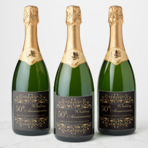 Golden swirls on black 50th Wedding Anniversary Sparkling Wine Label