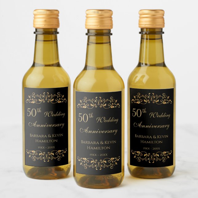 Golden swirls on black 50th Wedding Anniversary Wine Label (Bottles)