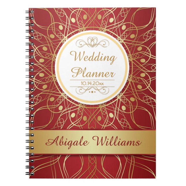 Golden swirls on red Wedding Planner Notebook (Front)