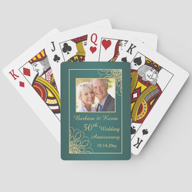 Golden swirls on teal 50th Wedding Anniversary Playing Cards (Back)