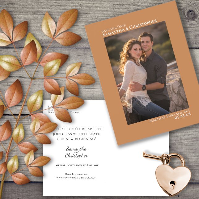 Golden Tan Minimalist Photo Wedding Save the Date Announcement Postcard (Creator Uploaded)