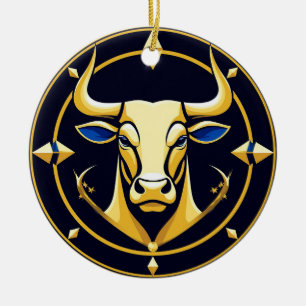 Golden Taurus Bull In Cosmic Zodiac Circle Ceramic Ornament