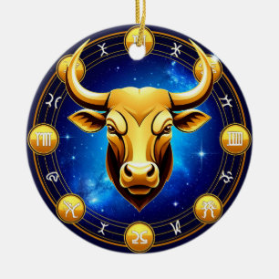 Golden Taurus Bull In Cosmic Zodiac Circle Ceramic Ornament