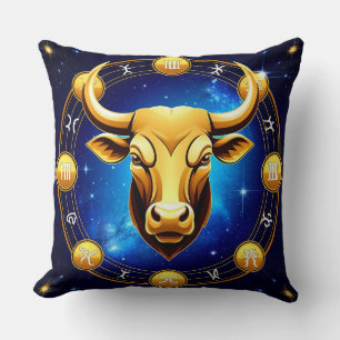 Golden Taurus Bull In Cosmic Zodiac Circle Cushion