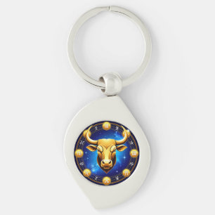 Golden Taurus Bull In Cosmic Zodiac Circle Key Ring